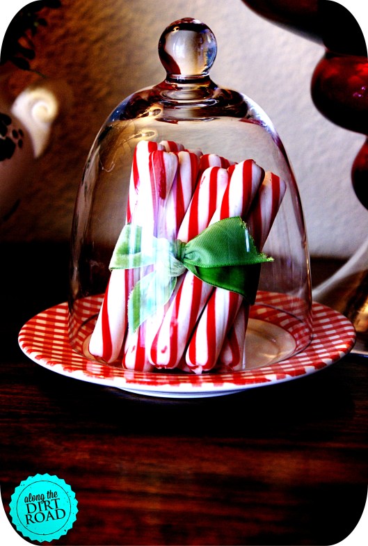 One of my favorites.  Peppermint sticks tied with a green velvet ribbon.